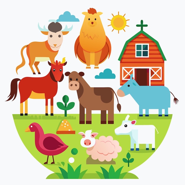 Cute farm animals in a green field around a red barn