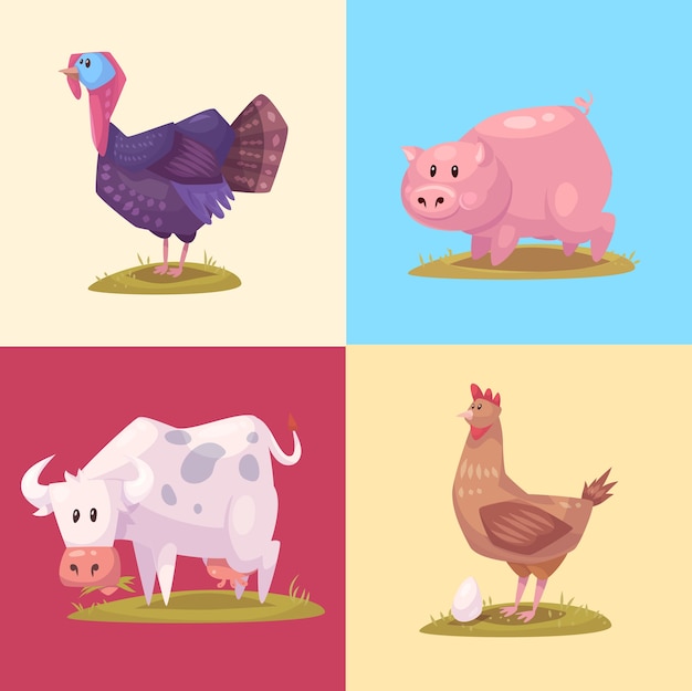 Cute farm animals and pets. Illustration of isolated farm animals set on colored background.