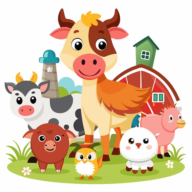 Cute farm animals standing in front of a barn and a lighthouse