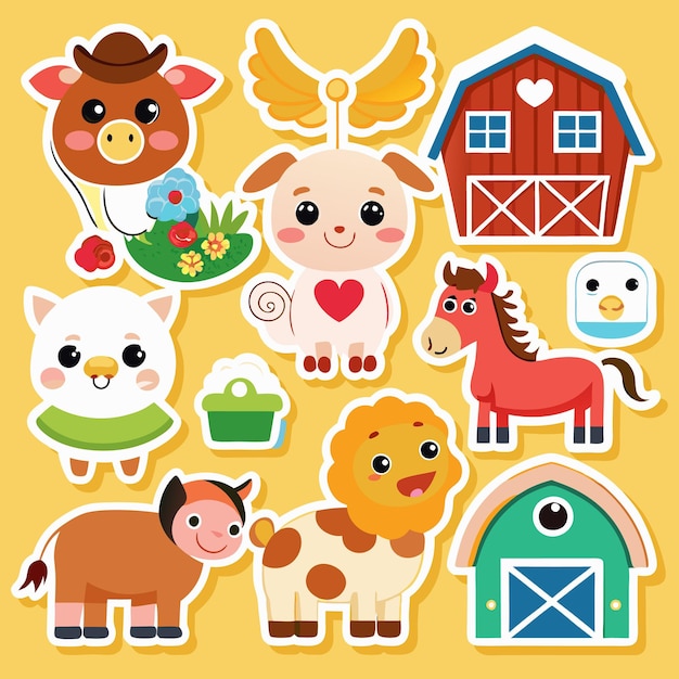 Cute Farm Animals Stickers with Barn Cow Dog and More