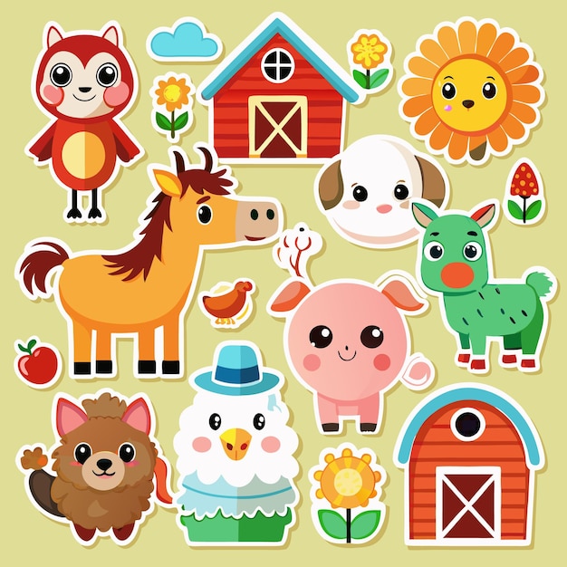 Cute Farm Animals Stickers with Barns and Flowers