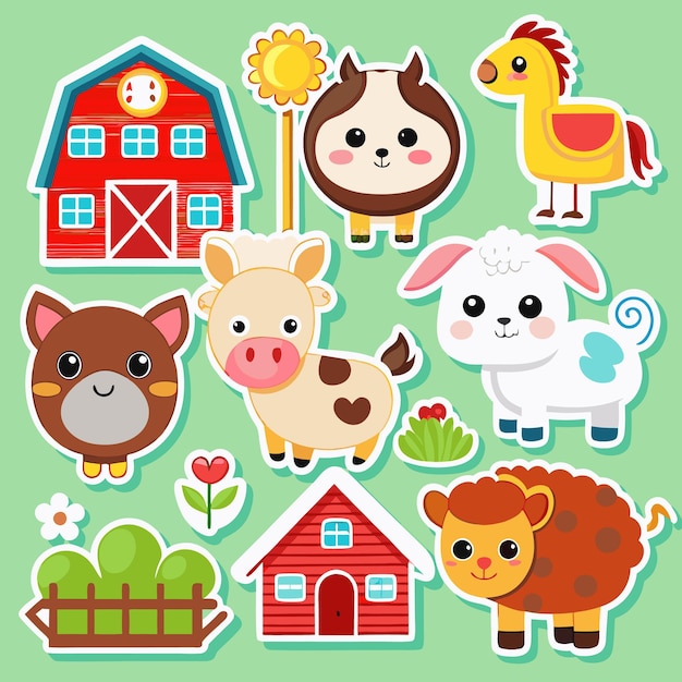 Cute Farm Animals Stickers with Red Barn