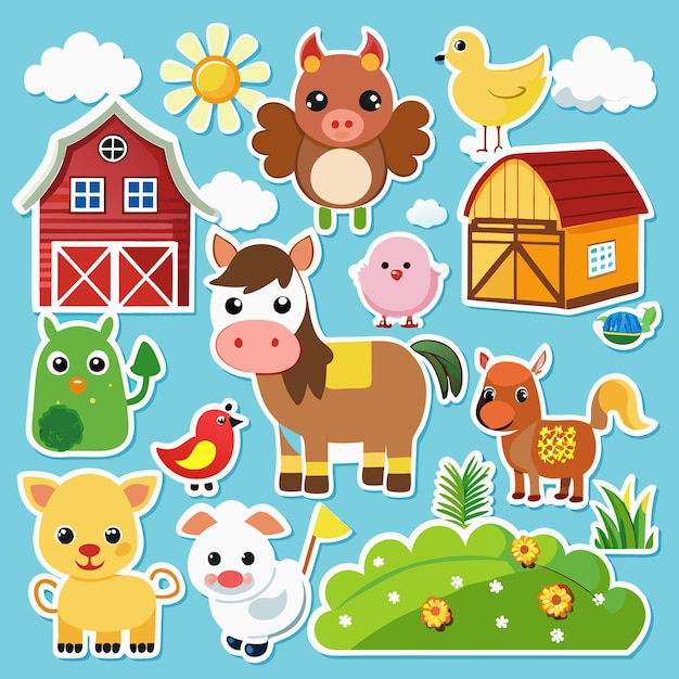 Cute Farm Animals Stickers with Red Barn