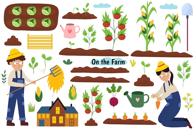 Cute farm collection with kids working in the garden