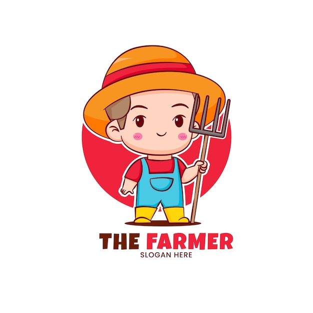 Cute farmer holding rake Chibi cartoon character Vector logo art illustration