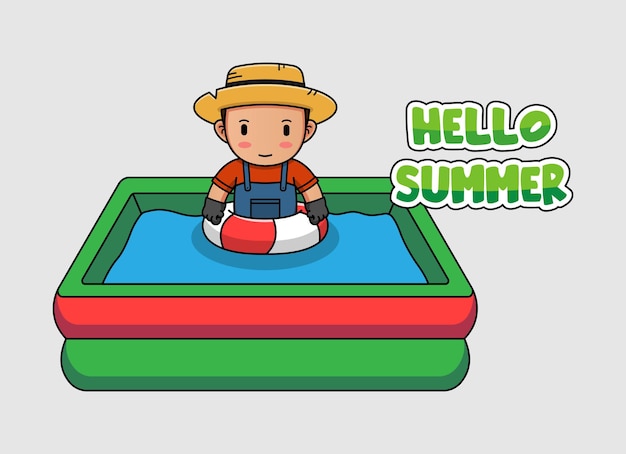 Cute farmer swimming with hello summer greeting banner