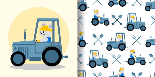 Cute farmer tractor cartoon seamless pattern print surface design illustration