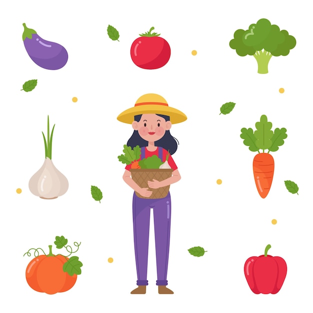 Cute farmer and vegetables icons flat set