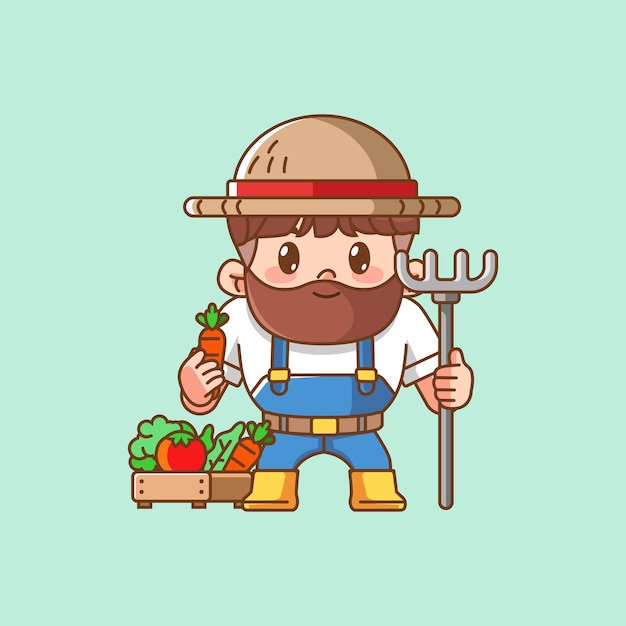 Cute farmers harvest carrot and vegetables kawaii chibi character mascot illustration outline style