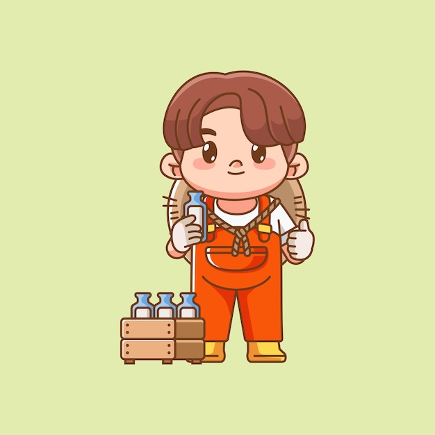 Cute farmers harvest milk kawaii chibi character mascot illustration outline style design