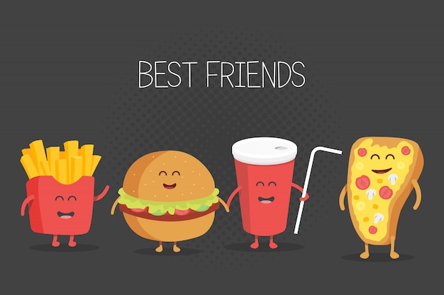 Cute fast food burger, soda, french fries and pizza illustration