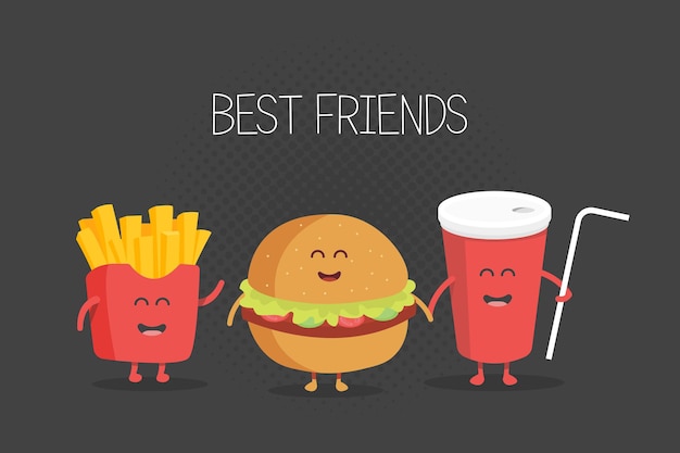 Cute fast food burger, soda, french fries. Vector cartoon. Friends forever