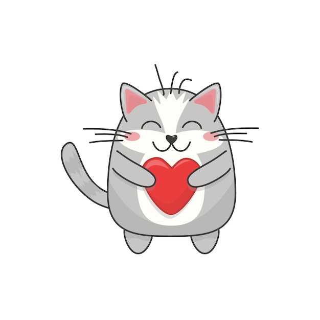 Cute fat cartoon gray cat valentine for valentines day Happy kitten holding a heart and smiling