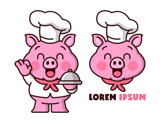 CUTE FAT PIG CHEF SMILING WHILE SERVING A FOOD CARTOON LOGO