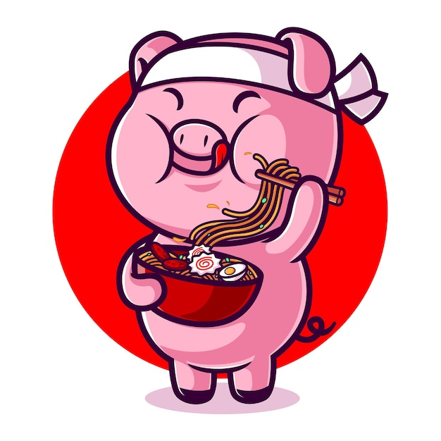 Cute fat pig eating ramen noodle cartoon