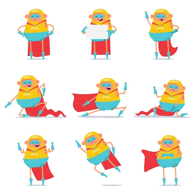 Cute fat superhero characters cartoon set isolated