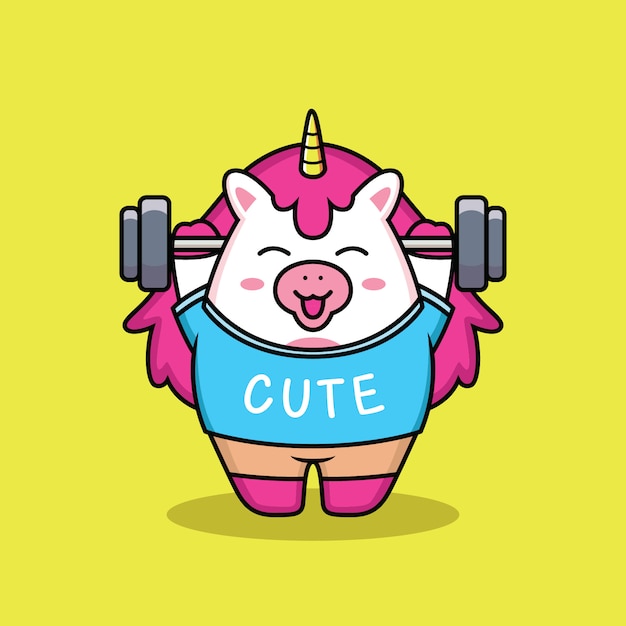 Cute fat unicorn gym fitness cartoon