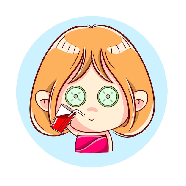 Cute female character is masking with cucumber fruit and drinking juice kawaii designs