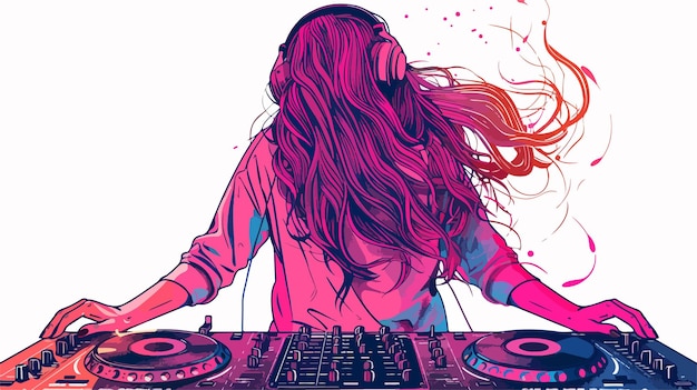 Vector cute female dj at console mixed media handdrawn vector illustration