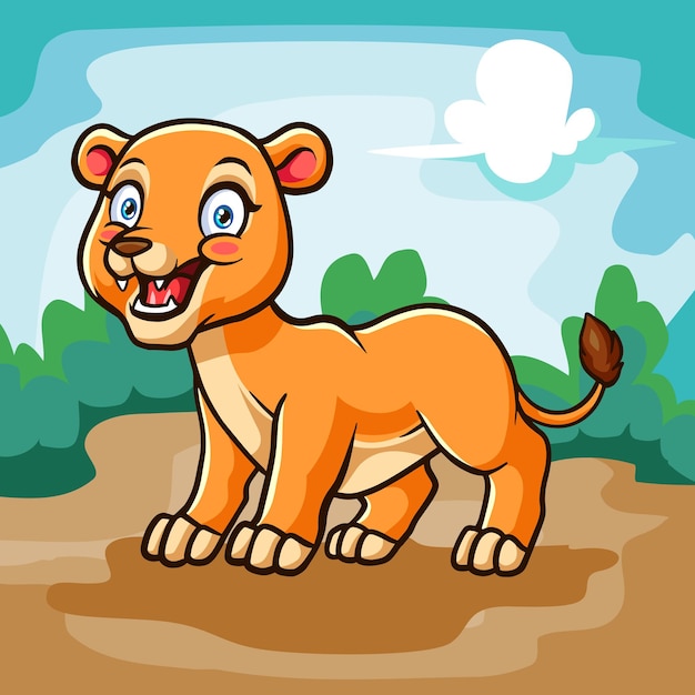 A cute female Lion cartoon isolated on wonderful farm Vector illustration