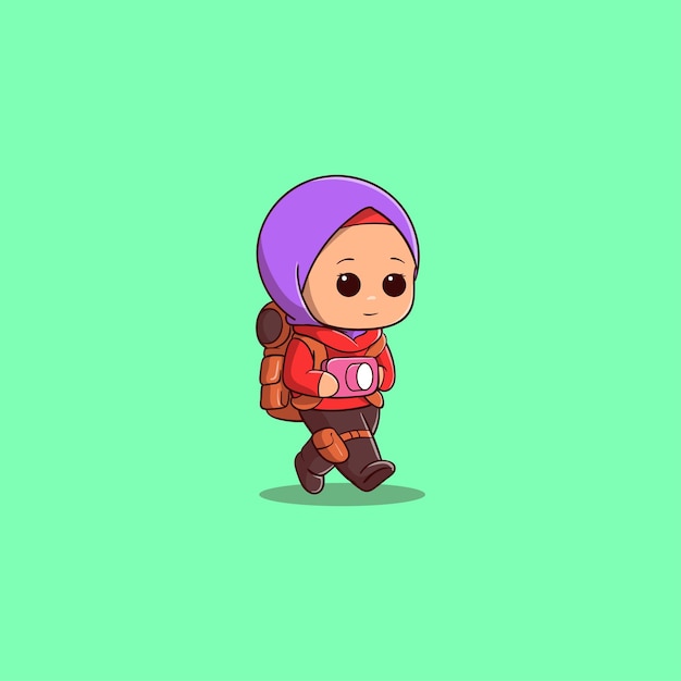 cute female traveler using hijab vector icon illustration