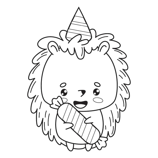 Cute festive hedgehog Cartoon outline character birthday boy with candy Funny animal Line drawing