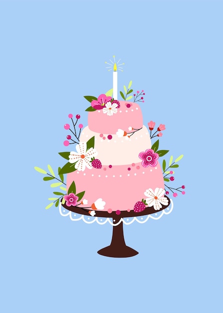 Cute festive wedding cake on a cake stand hand drawn in doodle style Vector illustration