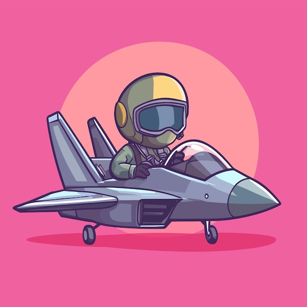 Cute Fighter Pilot Maneuvering Jet Cartoon Vector Icon