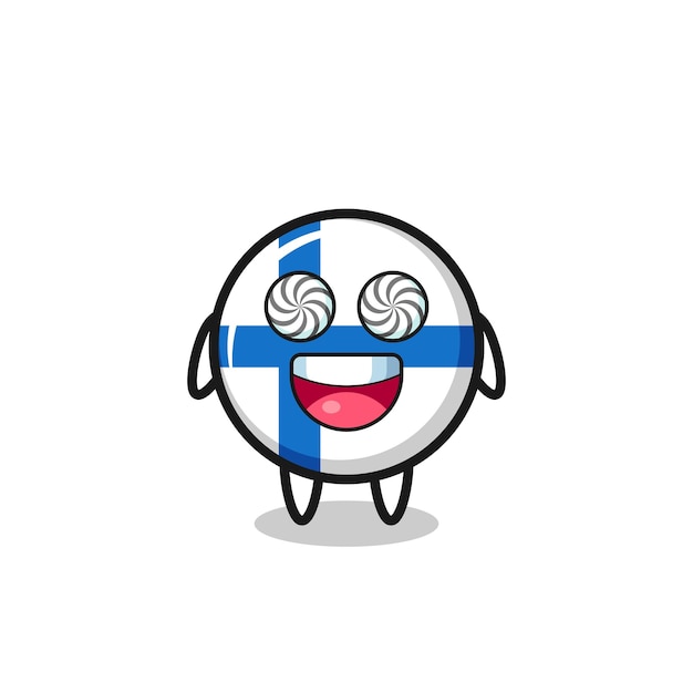 Cute finland flag badge character with hypnotized eyes