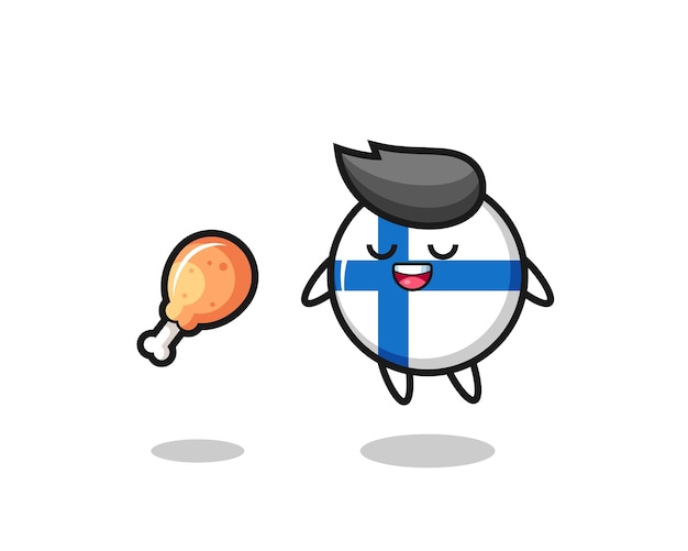 Cute finland flag badge floating and tempted because of fried chicken