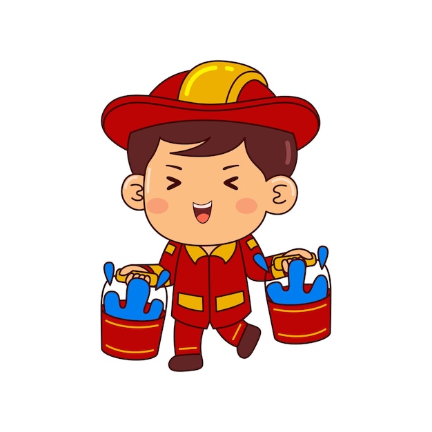 cute firefighter boy cartoon character vector illustration