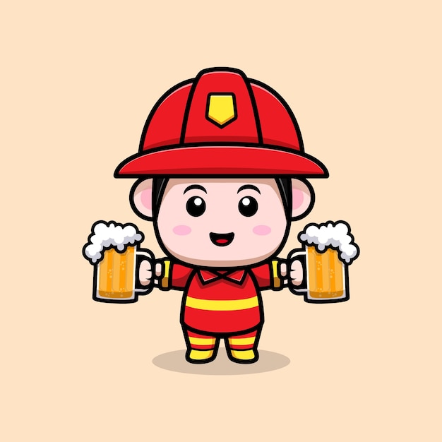 Cute firefighter holding beer cartoon mascot