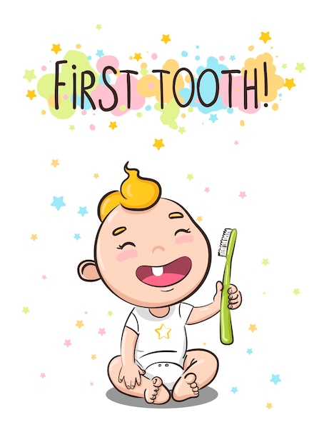 Cute first tooth party postcard and invitation card Cute smiling child The first baby teeth