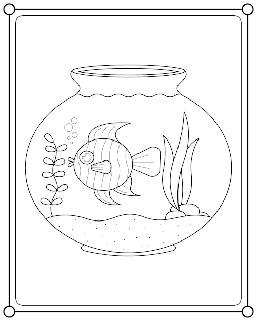 Cute fish in aquarium tank suitable for children's coloring page vector illustration