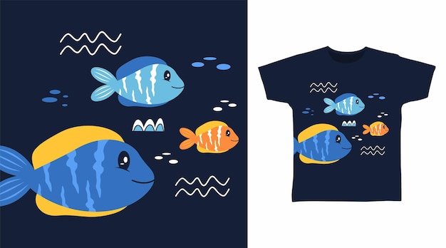 Cute fish cartoon tshirt design concept