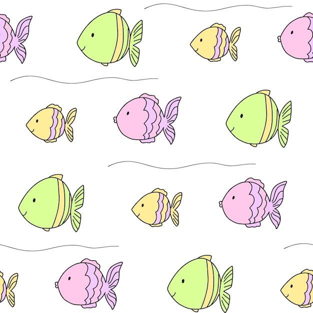 Cute fish sea pattern pastel colors line doodle Seamless background ocean Textiles for children