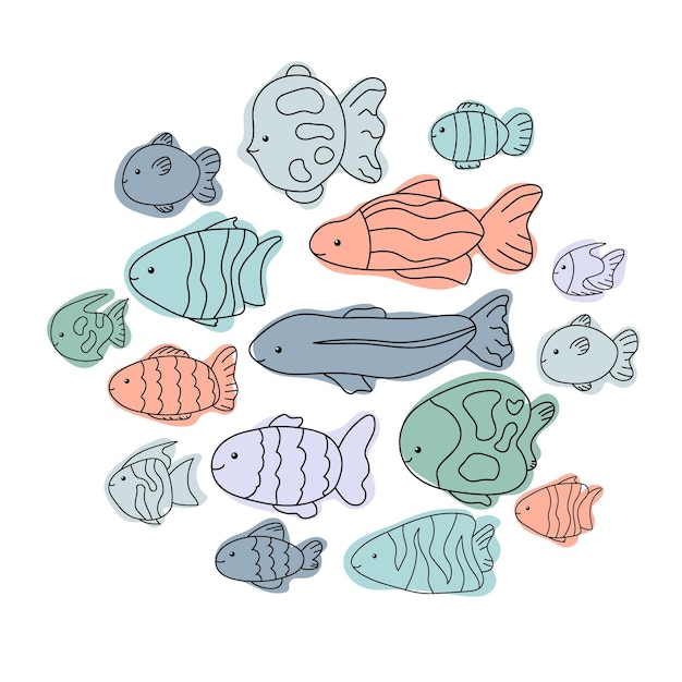 Cute fish set doodle line Marine aquarium collection