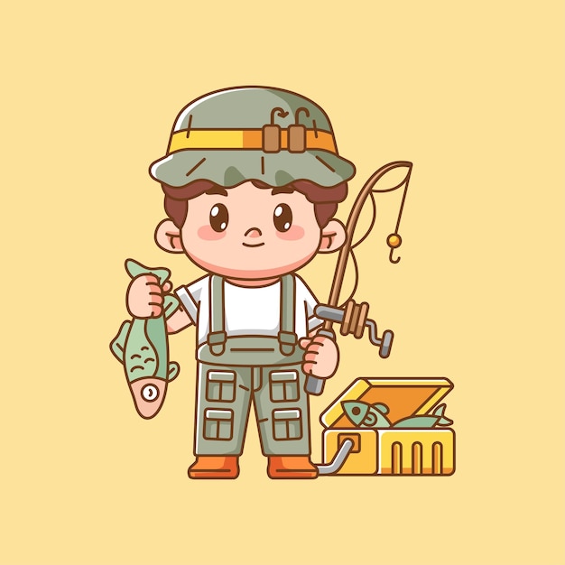 Cute fisher fishing fish kawaii chibi character mascot illustration outline style design