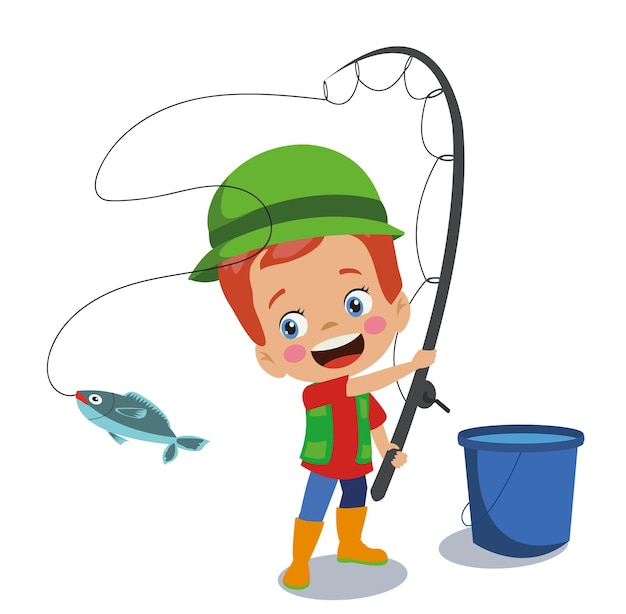 Cute fisherman boy is fishing with a hook