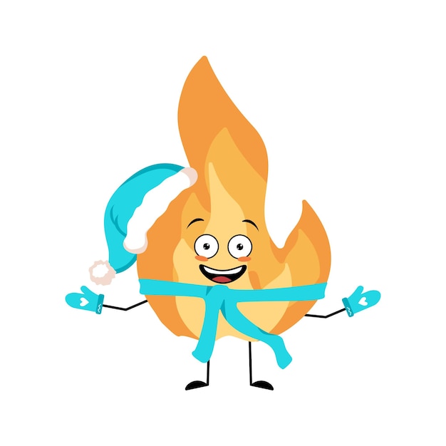 Cute flame character in Santa hat with happy emotion joyful face smile eyes arms and legs Fire man with funny expression hot orange person Vector flat illustration