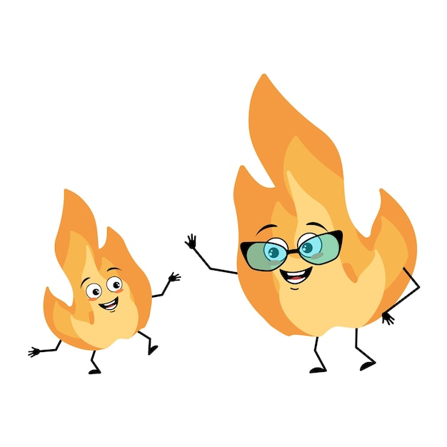 Cute flame character with glasses and grandson dancing character happy emotion face smile eyes arms and legs Fire man with funny expression hot orange person Vector flat illustration