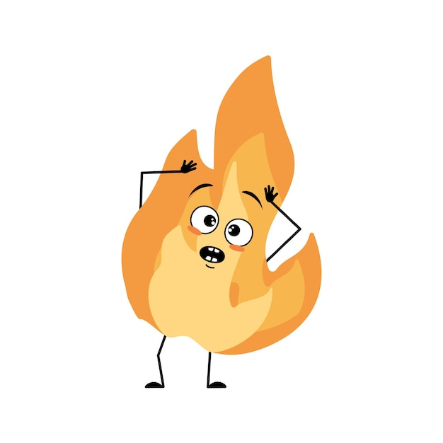 Cute flame character with panic emotions surprised face shocked eyes arms and legs Fire man with scared expression hot orange person Vector flat illustration