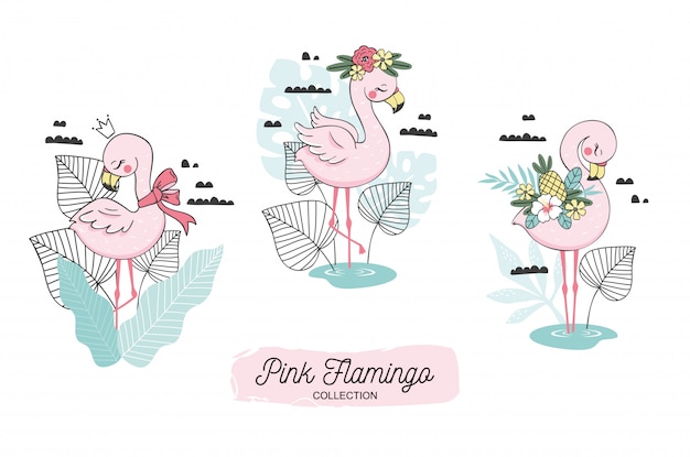 Vector cute flamingo baby and scarf, blossom, pineapple, crown elements.