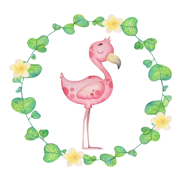 Cute flamingo in a flower frame. Watercolor illustration