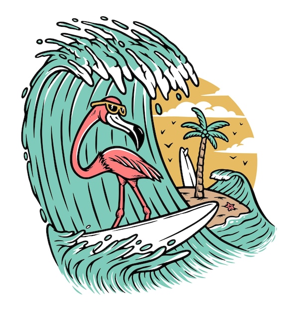 cute flamingo surfing the sea illustration