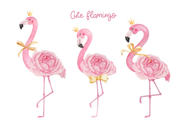 Cute flamingo with crown, ribbon, and ranunculus rose flower.