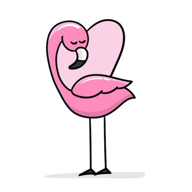 Cute flamingo with heart shape vector illustration on white Cartoon flamingo