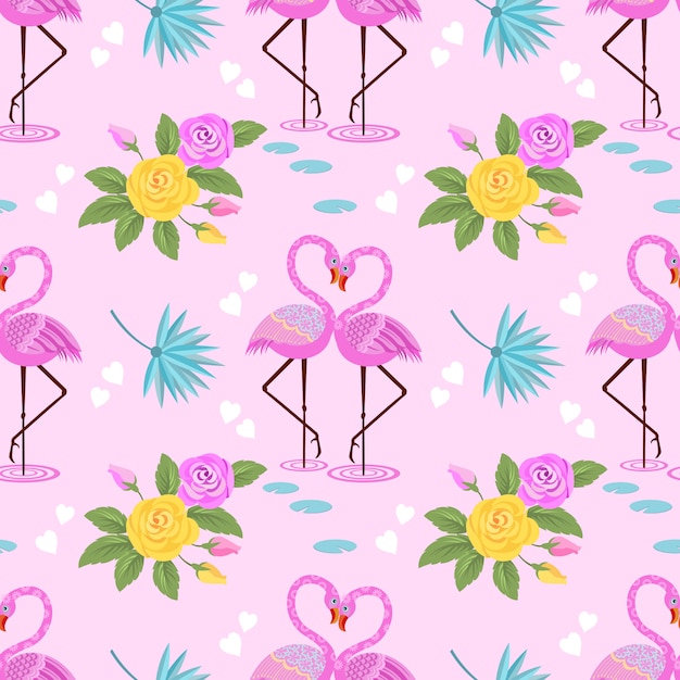 Cute Flamingo with rose flower and white hearts on pink background.