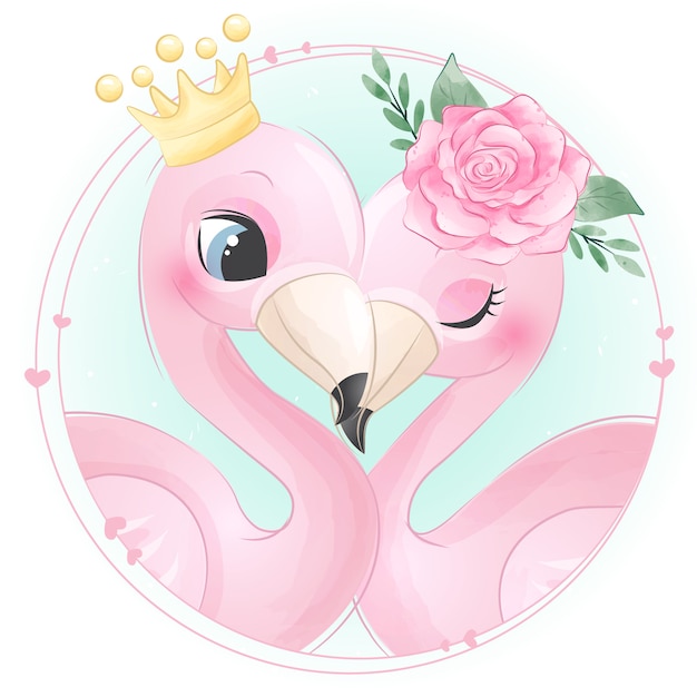 Cute flamingo with watercolor rose