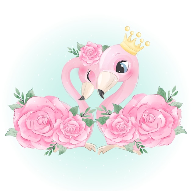 Cute flamingo with watercolor rose